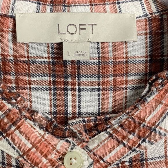 Loft Button Up Shirt Women L Ruffle Buttons & Hi Neck Orange Plaid Long Sleeve - Picture 7 of 16